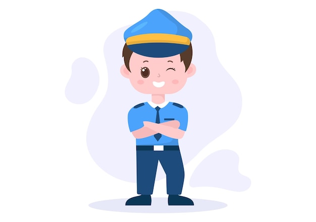 Cute Children Police Officer Character Vector Illustration Using Uniform with Set Equipment