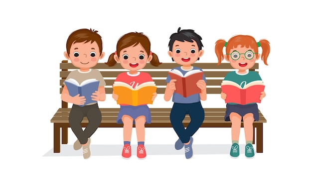 cute children reading books together sitting on bench