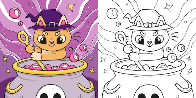 Cute children's Halloween coloring book with a kitten cooking a potion in a cauldron