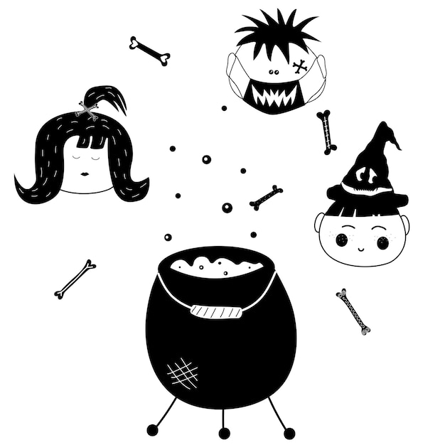 Cute children vector illustration for Halloween Children face potion in cauldron and bones on a card