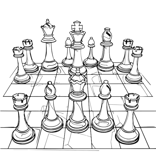 Vector cute childrens coloring book illustration of set chess