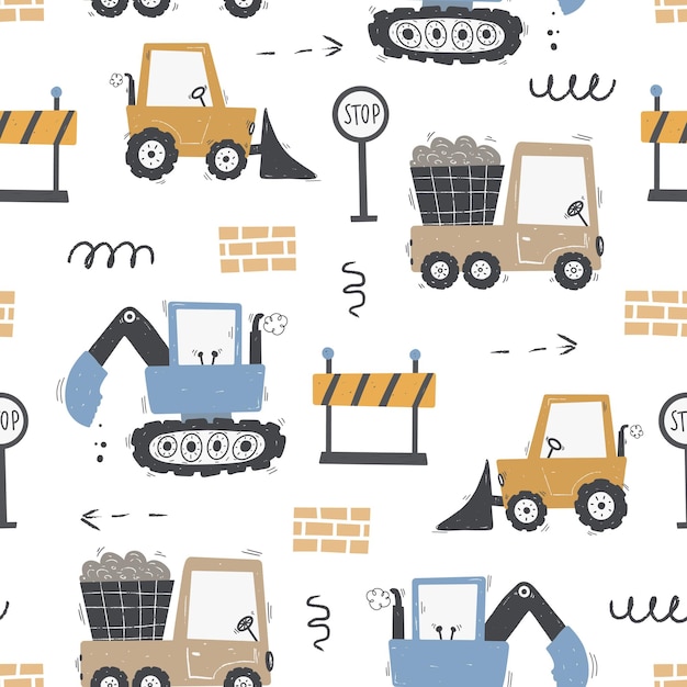 Cute childrens seamless pattern with trucks and diggers Building equipment Digital paper