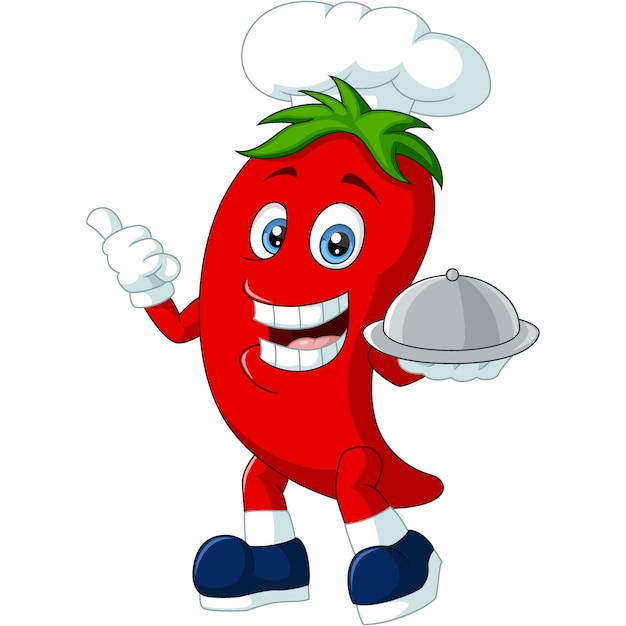 Cute chili pepper chef holding platter and giving thumbs up