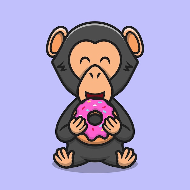 Cute chimpanzee eating doughnut cartoon vector icon illustration