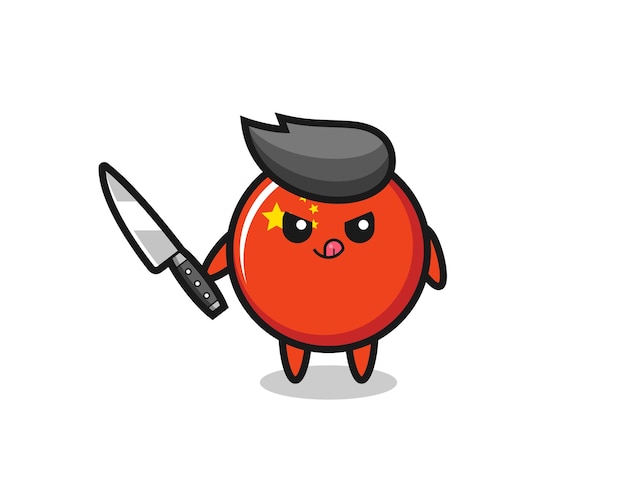 Cute china flag badge mascot as a psychopath holding a knife