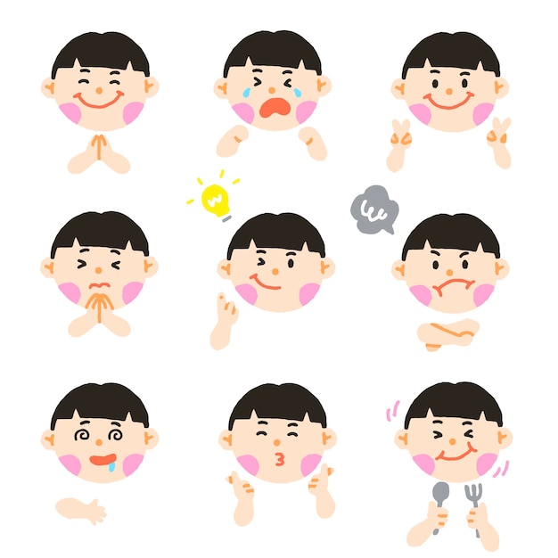 Cute Chinese Asian Boy Black Hair Eye Kids Child Children Different Expression Emotion Feeling Set