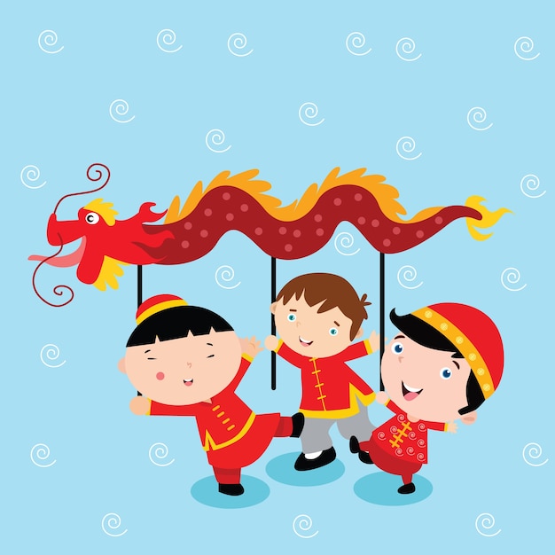  Cute Chinese cartoon kid illustration set. Chinese greeting card poster design