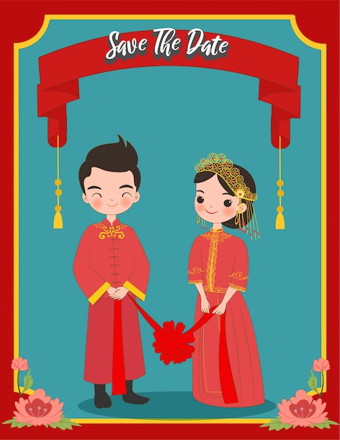 Cute Chinese couple in traditional dress cartoon for wedding invitation card