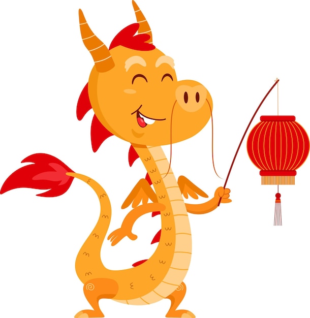 Vector cute chinese dragon cartoon character with lantern vector illustration flat design