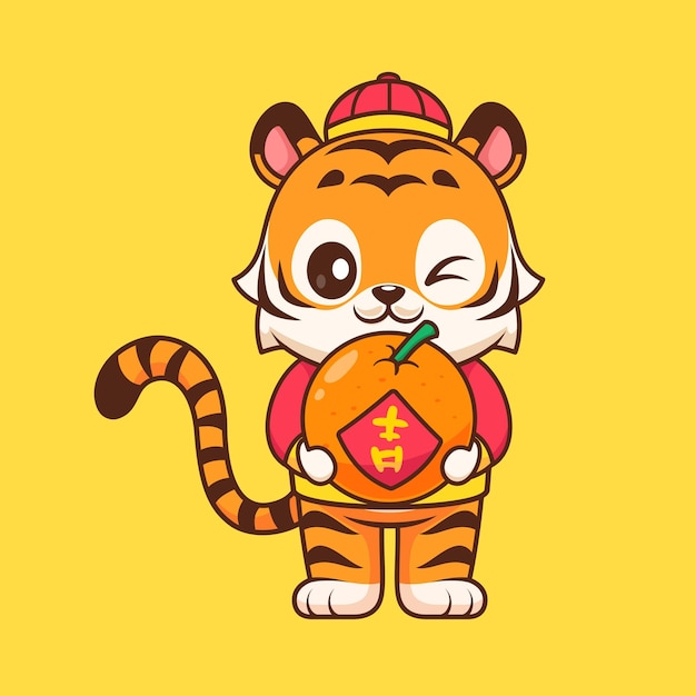 Cute Chinese Tiger Holding Orange Pomelo Cartoon Vector Icon Illustration Animal Food Isolated Flat