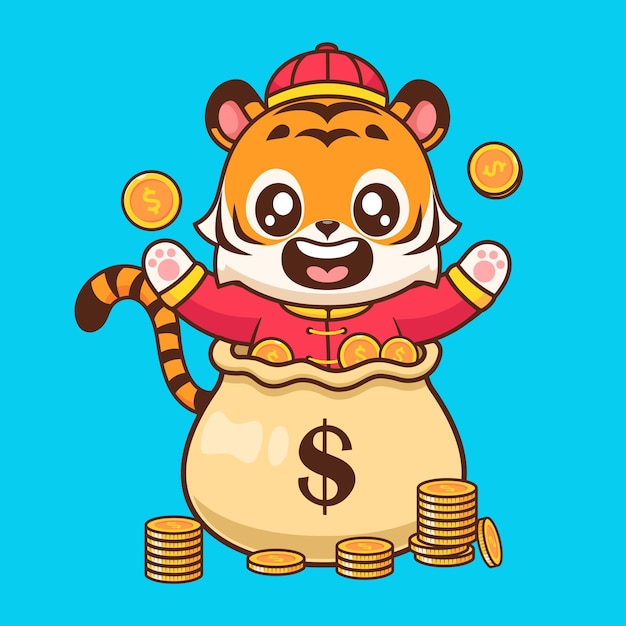 Cute Chinese Tiger In Money Bag Cartoon Vector Icon Illustration Animal Finance Icon Isolated Flat