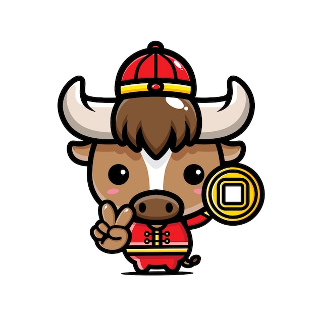 cute chinese zodiac ox holding a coin