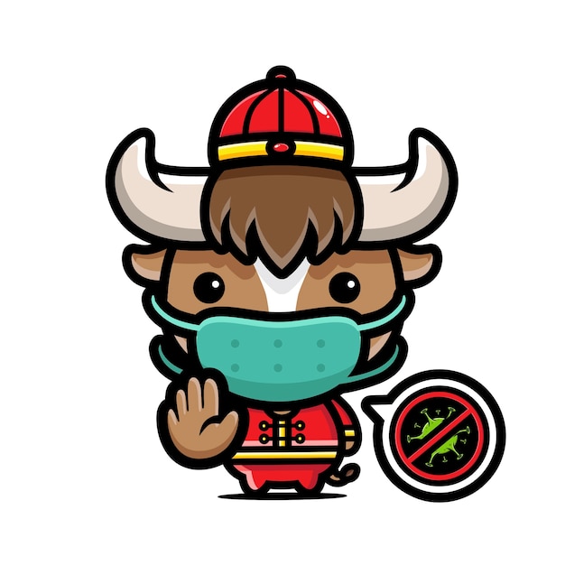 cute chinese zodiac ox wears a mask and poses stop virus