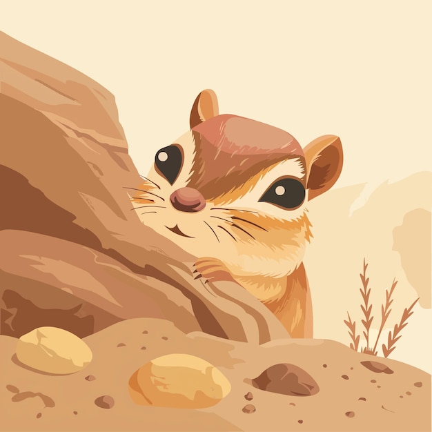 Vector cute chipmunk peeking from behind rock wildlife illustration background desert animal rodent mammal nature adorable cartoon style digital art wildlife conservation graphic design