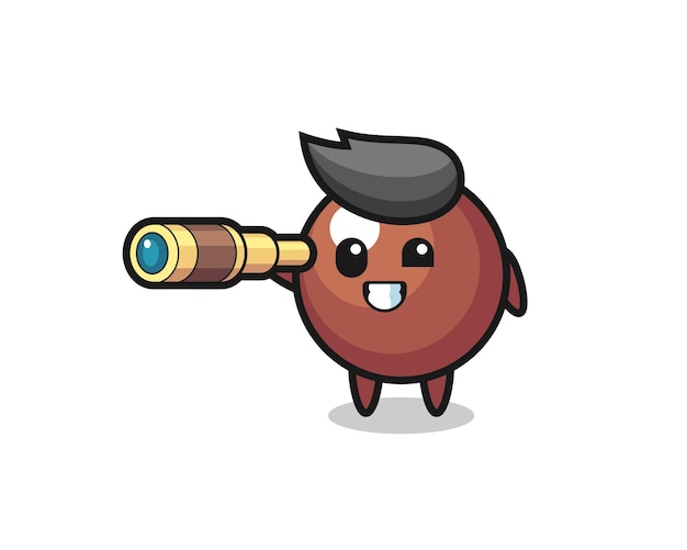 Cute chocolate ball character is holding an old telescope