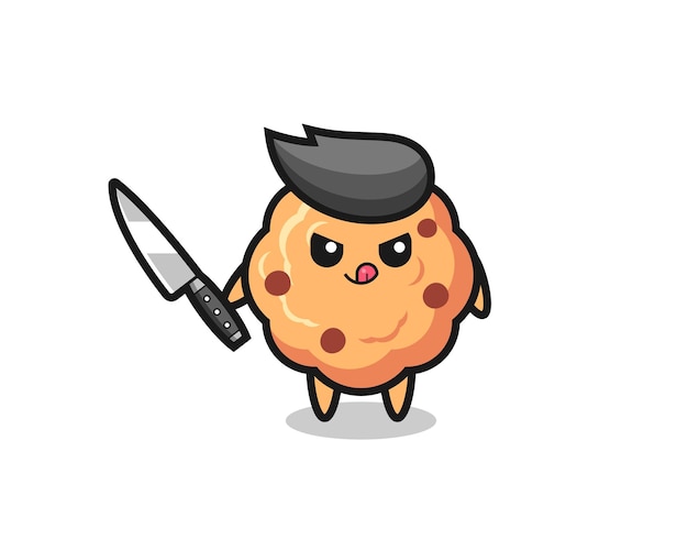 Cute chocolate chip cookie mascot as a psychopath holding a knife