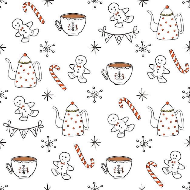 Cute Christmas background. Seamless doodle style pattern with  Winter festive elements on white.