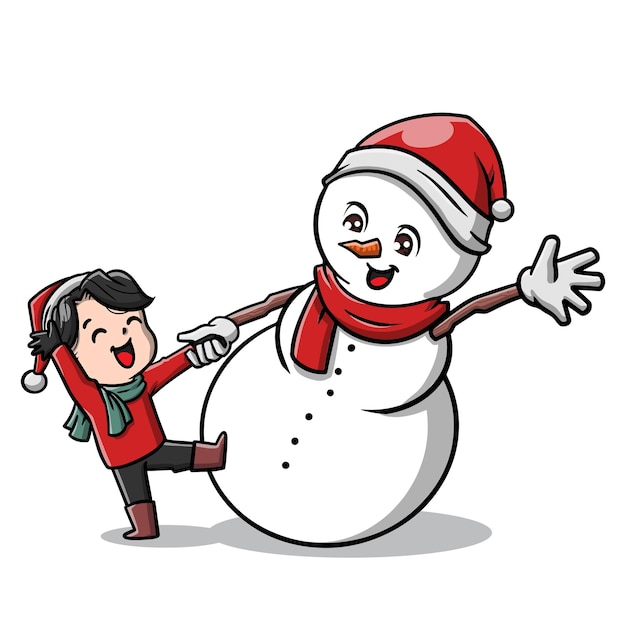 Cute Christmas Boy and His Snowman Cartoon