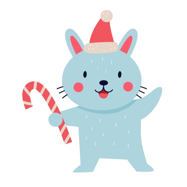 Cute Christmas Bunny with candy cane. Vector illustration