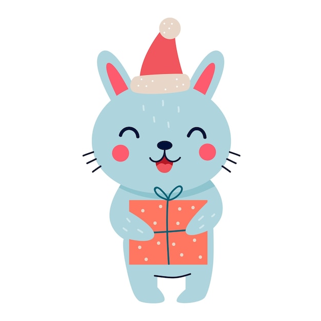 Cute Christmas bunny with a gift. Vector illustration