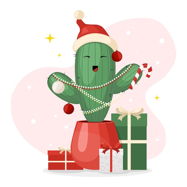 Cute Christmas cactus on pot with gifts and garlands in flat design