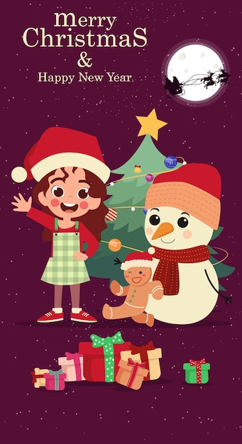 Cute christmas card on a purple background with snowman, gingerbread, christams tree and santa girl