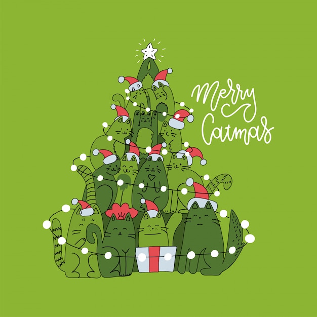 Cute christmas card with christmas tree made of cats. Green square greeting card with lettering linear greeting text Merry Christmas.