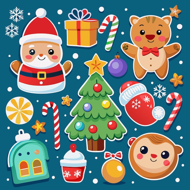 Cute Christmas cartoon sticker set with Santa reindeer tree and ornaments