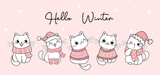 Cute Christmas cat Hello Winter in winter clothes cartoon drawing banner, Christmas and New year banner