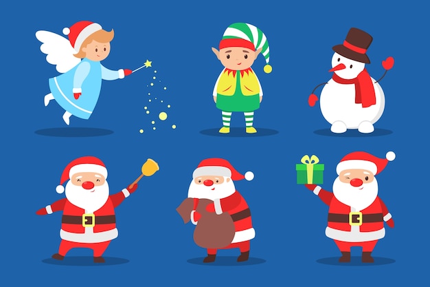 Cute christmas character celebrating a holiday set. Santa Claus and snowman, elf and fairy. Xmas celebration.  illustration