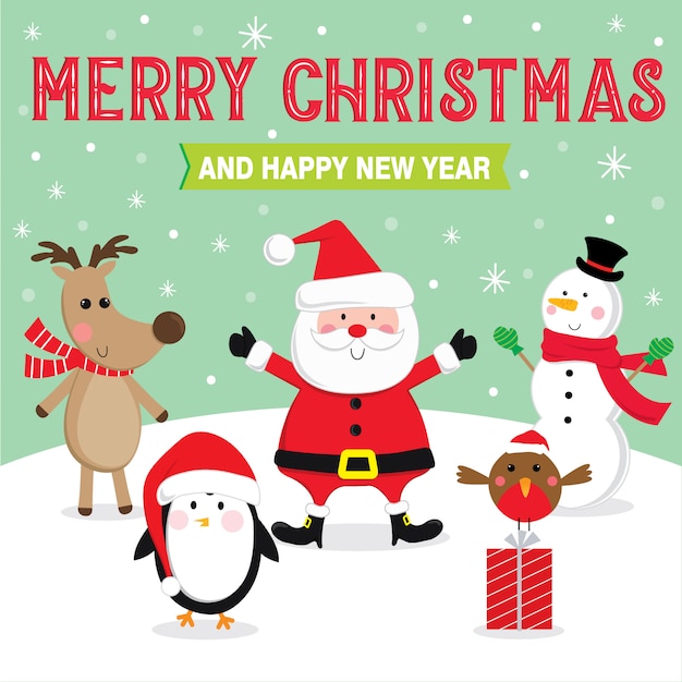 Cute Christmas character with Merry Christmas and Happy New Year text