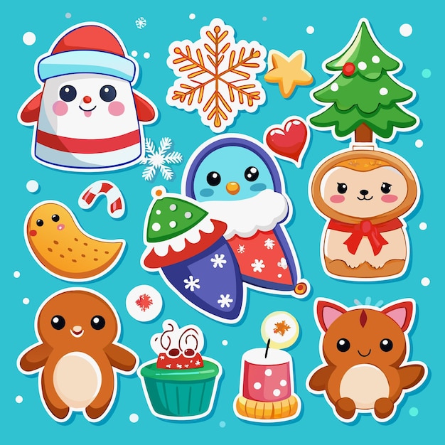 Cute Christmas characters on a blue background featuring a snowman penguin gingerbread man cat and more