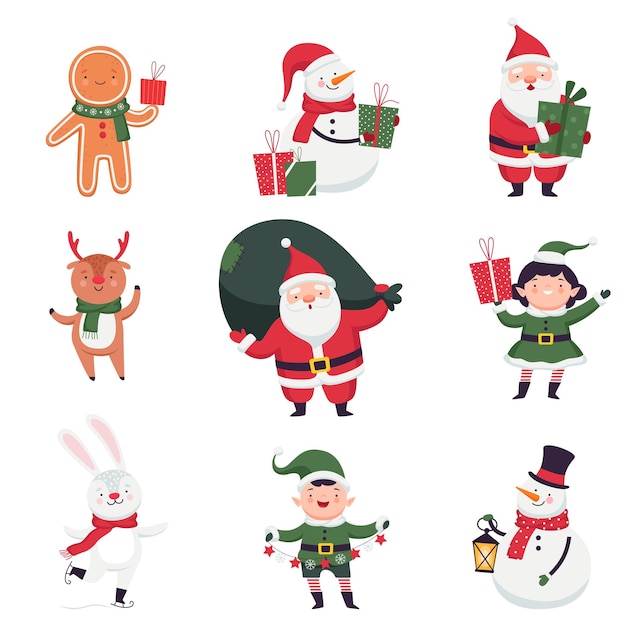 Vector cute christmas characters collection funny santa claus gingerbread snowman fox elf rabbit reindeer cartoon style vector illustration