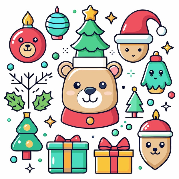 Cute Christmas Characters in a Set of Stickers