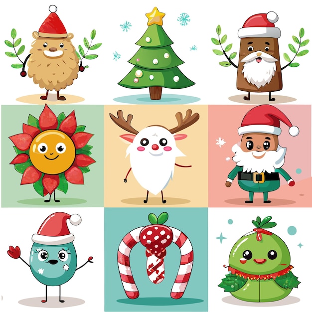 Cute Christmas characters with Christmas tree reindeer Santa candy cane and poinsettia