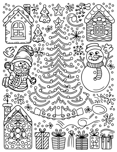 Vector cute christmas coloring page for kids simple bold line draw white background