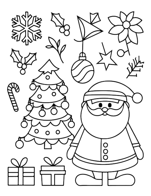 Vector cute christmas coloring page for kids simple bold line draw white background