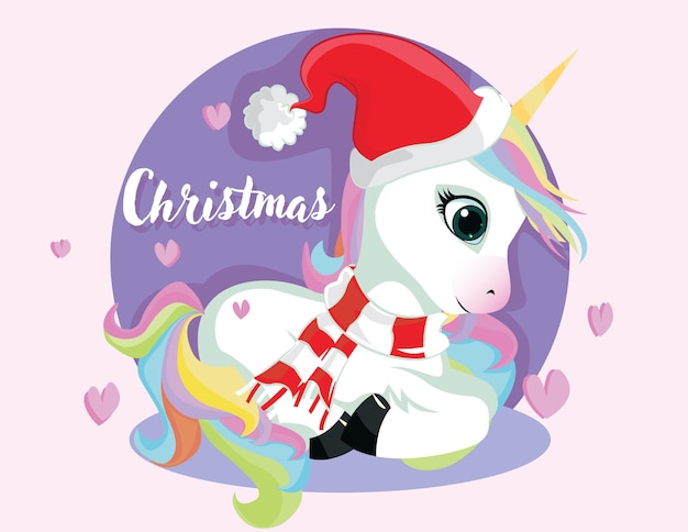 Cute Christmas Comic Unicorn. Hand drawn cute unicorn-santa with gifts isolated on white background. Cartoon fantasy animal.