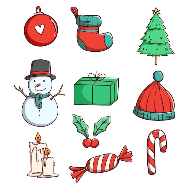 cute christmas elements for decoration with hand drawn or doodle style