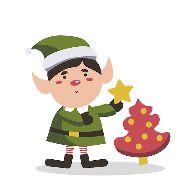 Cute christmas elf holding star Happy childish xmas dwarf demonstrate holiday poster Flat vector cartoon illustration of joyous santa helper isolated on white EPS