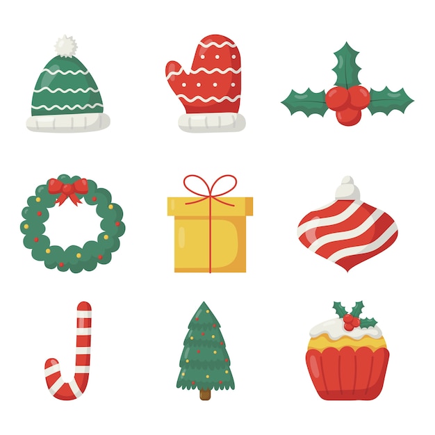 cute christmas flat icon set isolated on white background