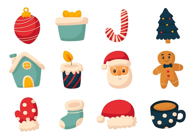 cute christmas flat icon set isolated on white background