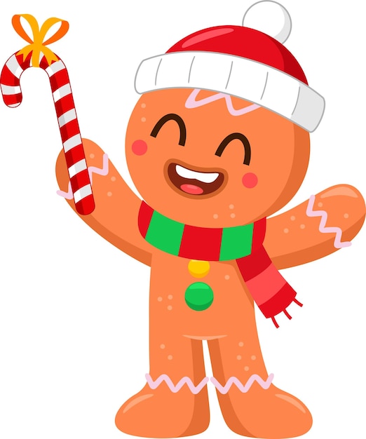 Cute Christmas Gingerbread Man Cartoon Character Holding Up A Candy Cane