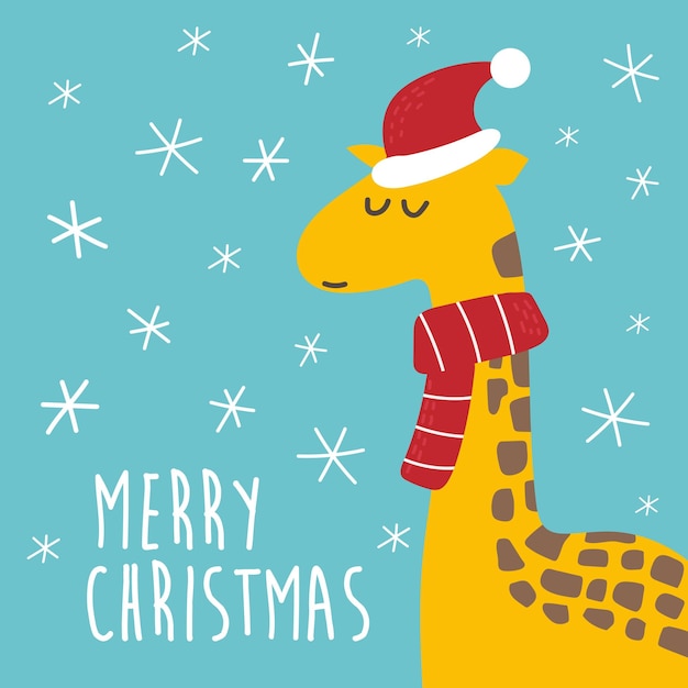 Cute christmas giraffe in santa hat cartoon vector illustration