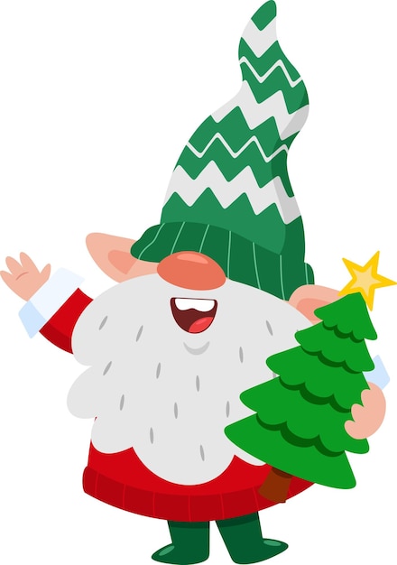 Cute Christmas Gnome Cartoon Character Holding A Christmas Tree And Waving