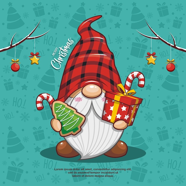 Cute Christmas Gnome With Gift box, Candy Cane, And Gingerbread Cookies On Seamless Background