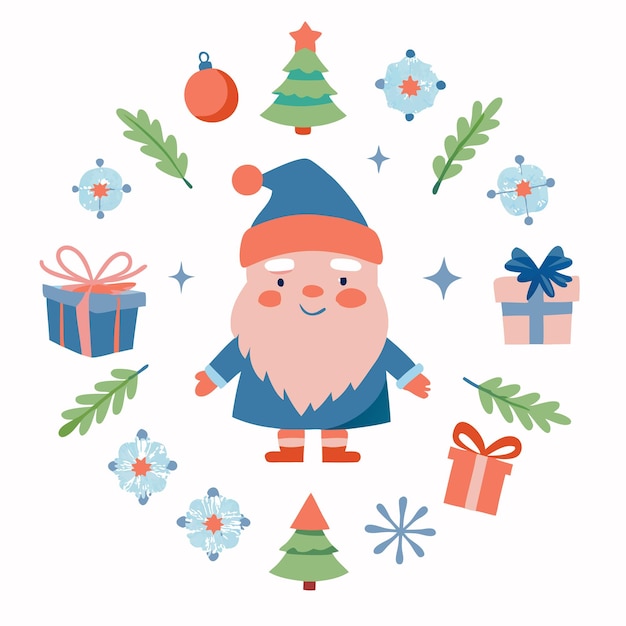 Vector cute christmas gnome with gifts trees snowflakes