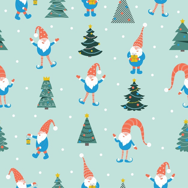 Cute christmas gnomes seamless pattern on green background Vector illustration with gnomes in red