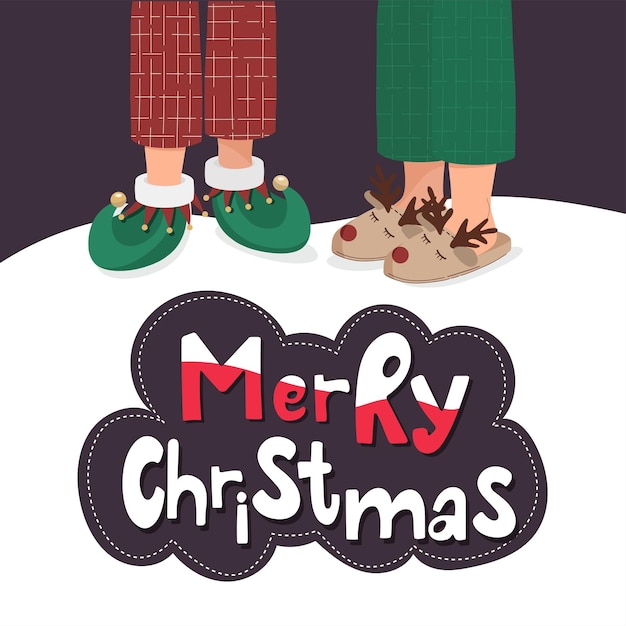 Cute Christmas greeting card with two pairs of legs in pyjama and handdrawn lettering.