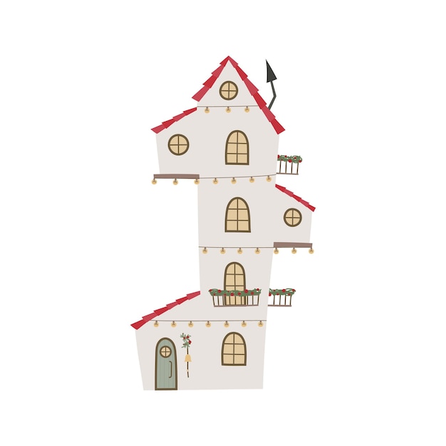 Cute Christmas house with red roof chimney balkony Vector illustration for banner card